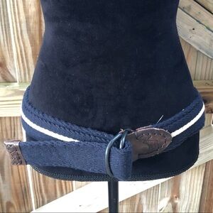 Vtg Abercrombie & Fitch Navy Blue Cotton Belt Cream Stripe Brown Leather Tabs 32